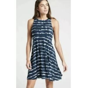 Athleta Santorini Thera Tie‎ Dye Stripe Tank Dress Navy Blue White Size XL Tall
